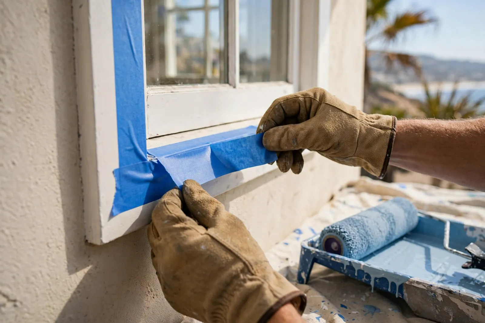 Painter taping a window frame before painting a coastal California home